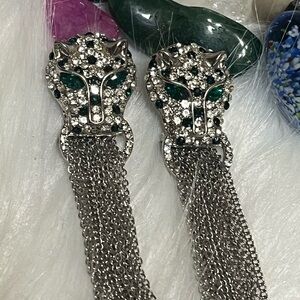 Leopard Rhinestone Door Knocker Fringe Earrings